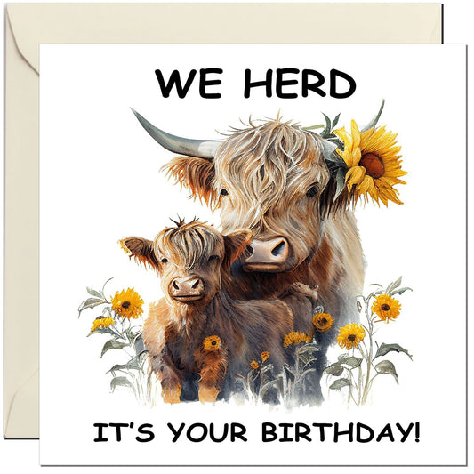 "We Herd It's Your Birthday!" - Funny Birthday Card Highland Cow Pun 145 x 145mm