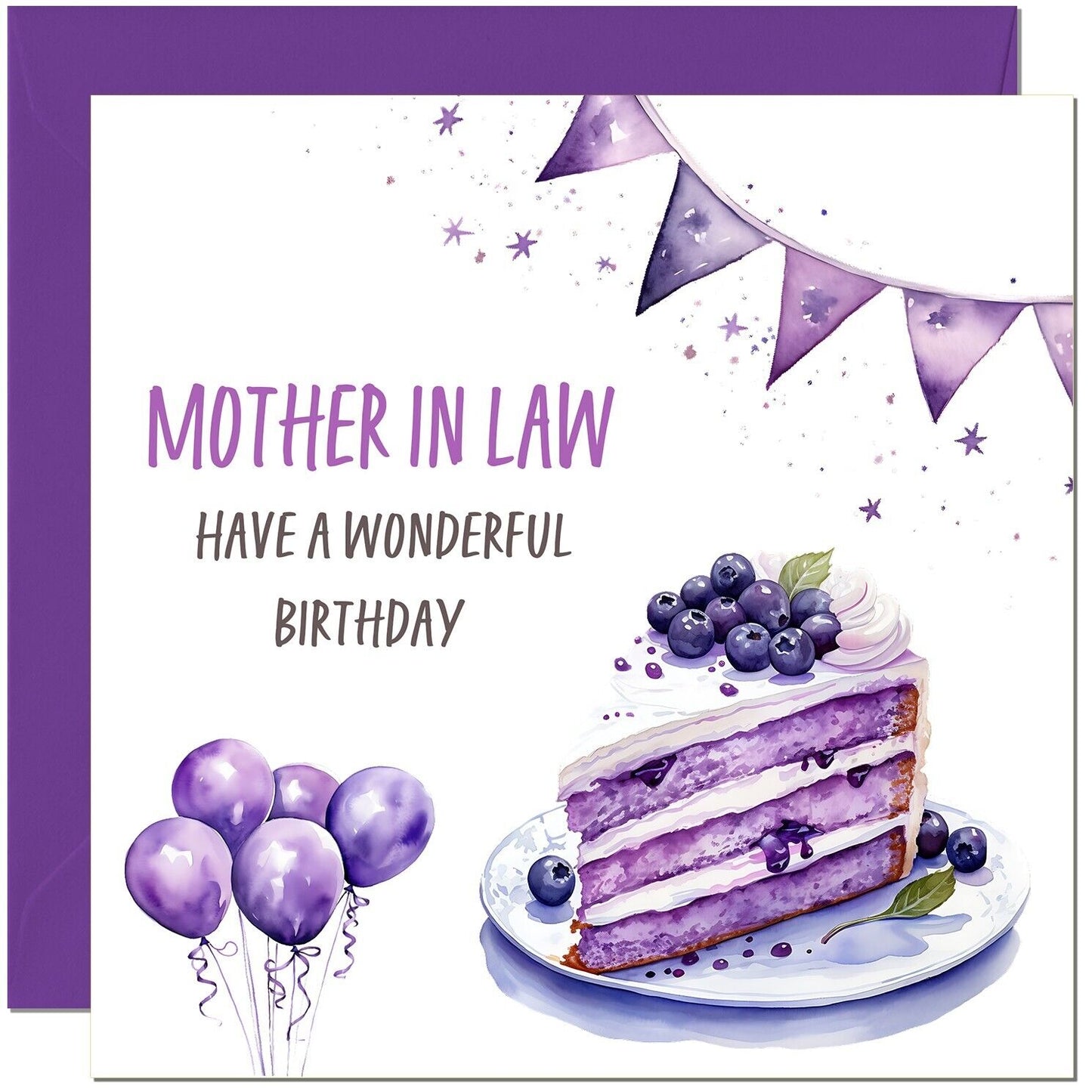 Birthday Card - Cake Balloons Purple