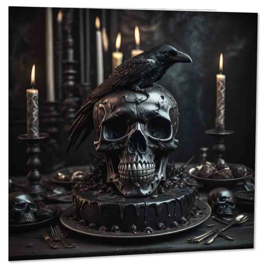 Black Gothic Birthday Cake Card Skull Raven Goth Birthday Card 145 x 145mm