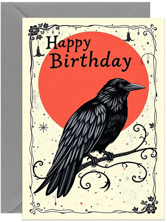 Raven Birthday Card - Large A5 Size - Gothic Birthday Card Raven Red Sun Moon