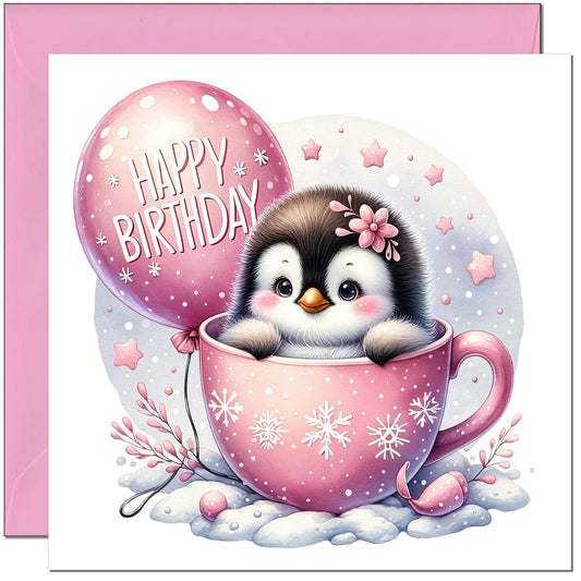 Cute Penguin birthday Card - Pink Adorable Girls Birthday Card 145 x 145mm