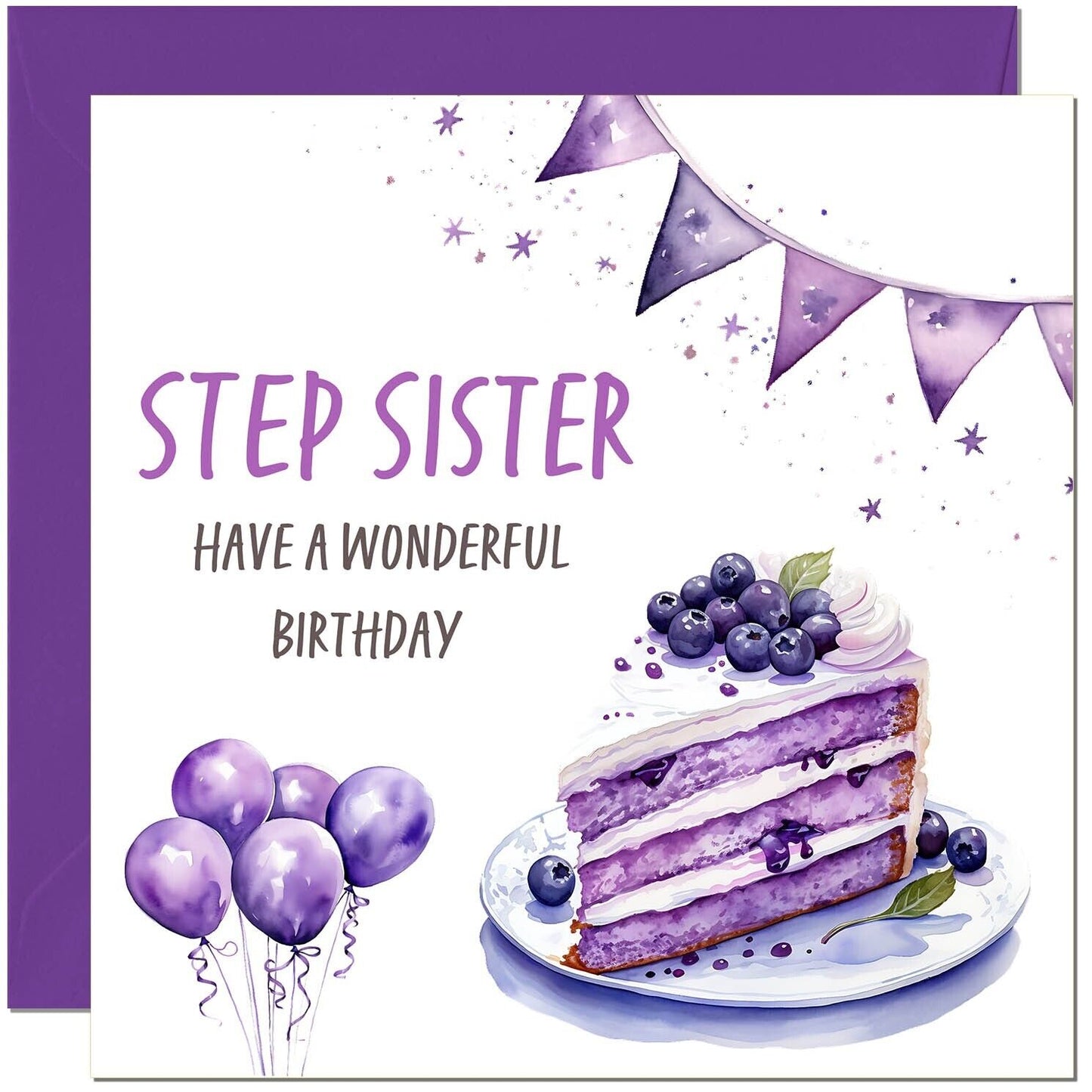 Birthday Card - Cake Balloons Purple