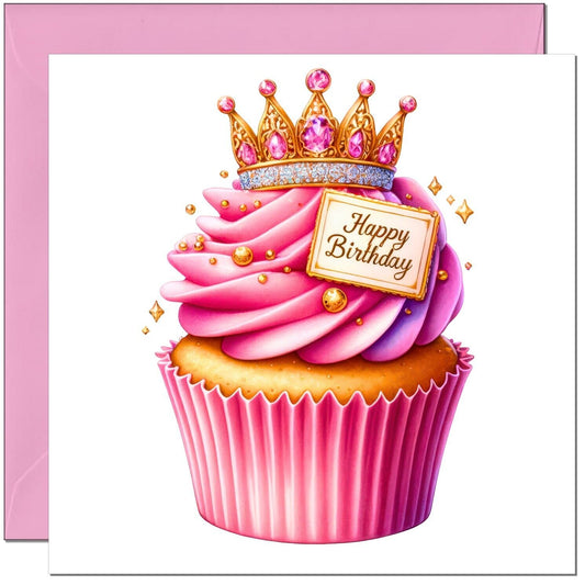 Birthday Card for Girls - Pink Princess Cupcake Design - Friend Daughter Niece