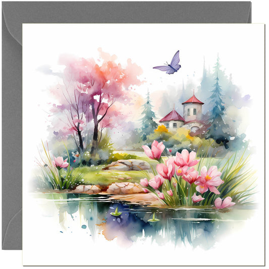 Beautiful Greeting Card - Landscape Lake house butterfly With Dark Grey Envelope