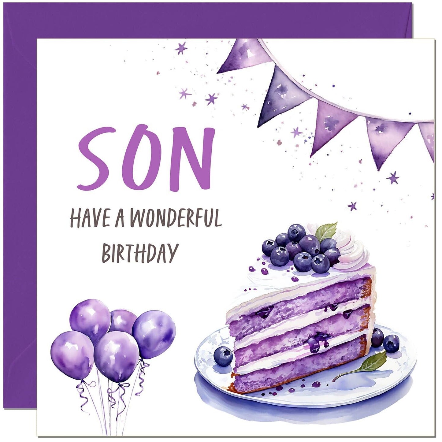 Birthday Card - Cake Balloons Purple