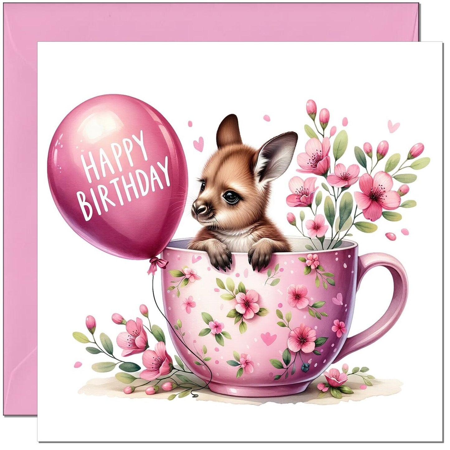 Cute Kangaroo birthday Card - Pink Adorable Girls Birthday Card Joey 145 x 145mm