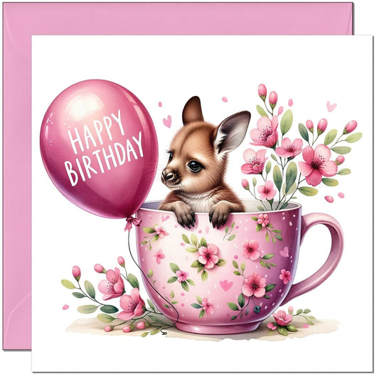Cute Kangaroo birthday Card - Pink Adorable Girls Birthday Card Joey 145 x 145mm