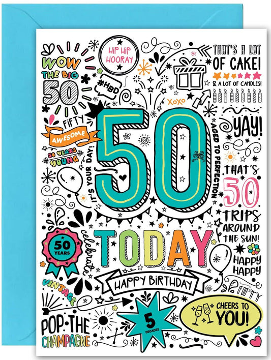 50th Birthday Card - Large A5 Size - Fun Comic Birthday card for 50th bday fifty