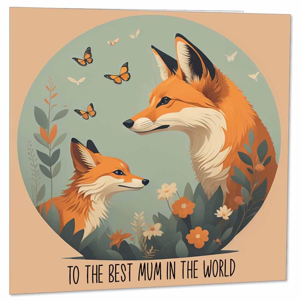 Best Mum in the World Card - Cute Fox Mum Birthday Mothers Day Cards 145 x 145mm