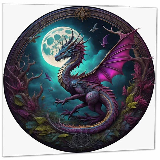 Purple Dragon Greeting Card - Fantasy Dragon Moon Card 145mm x 145mm