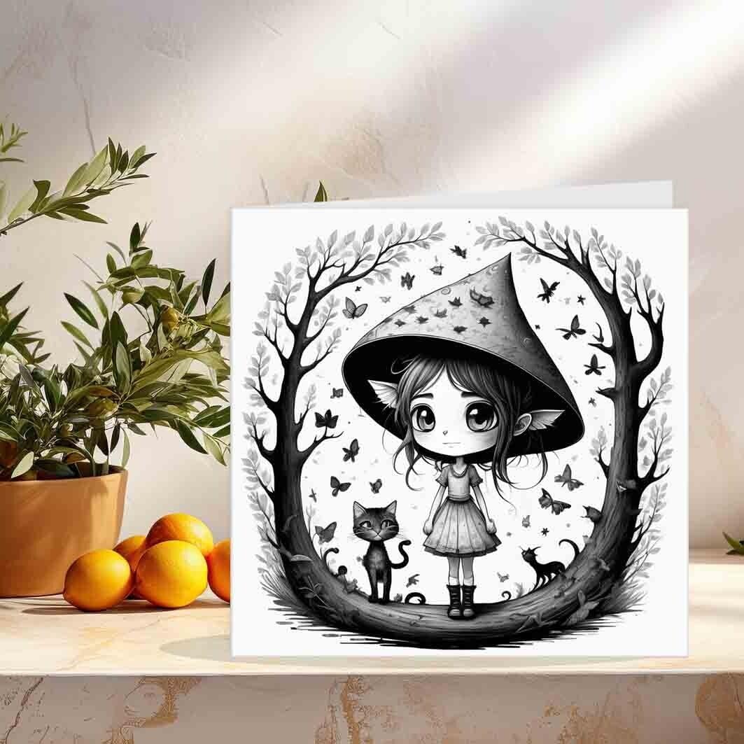 Cute Girl Toadstool Greeting Card - Woodland Fantasy Kawaii 145 x 145mm