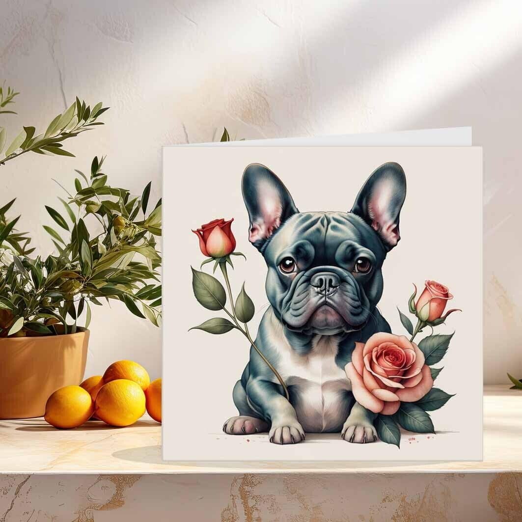 French Bulldog Roses Card - Anniversary Birthday Valentines Card 145mm x 145mm