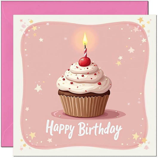 Girls Birthday Card for Women Ladies - Cute Pink Cupcake Birthday Card Girly