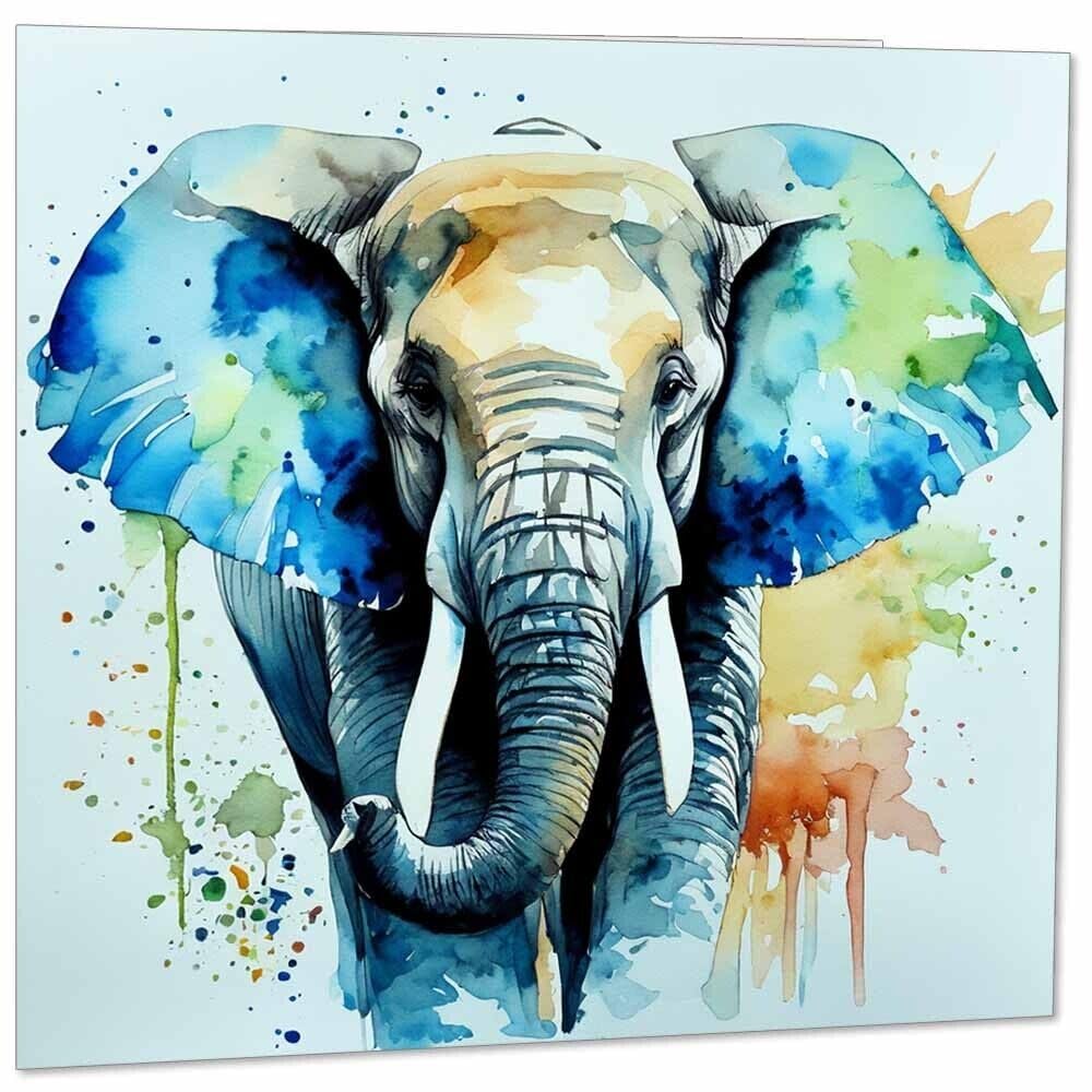 Watercolor Elephant Greeting Card 145mm x 145mm - Blue Square