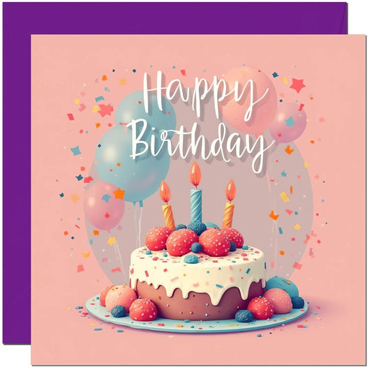 Happy Birthday Card - Birthday Cake and Candles Design - with purple envelope