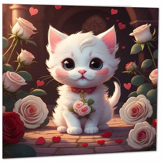 Cute Cat Love Heart Card White Roses Valentines Kitty Adorable 145mm x 145mm