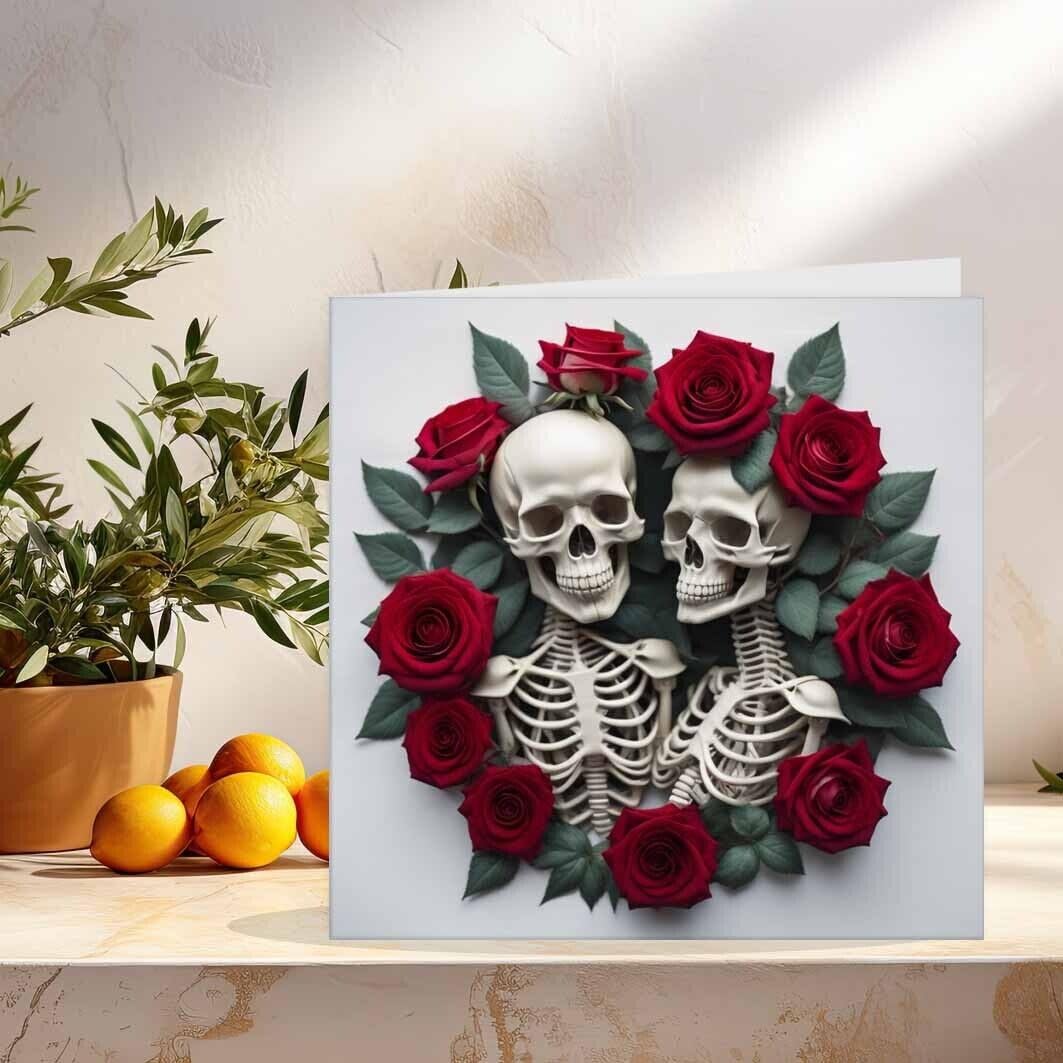 Skeleton Rose Couple Gothic Anniversary Card - Macabre Alternative 145 x 145mm