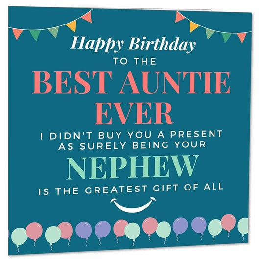 Birthday Card for Auntie from Nephew - Aunty Aunt birthday cards - 145 x 145mm