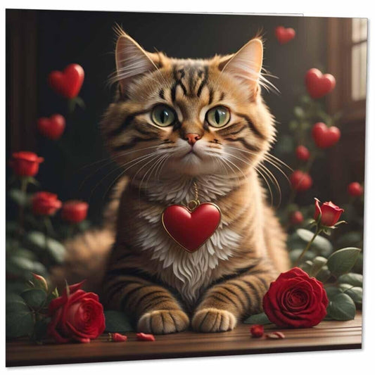 Tabby Cat Valentines Day Card Cute Cat Love Heart Anniversary Card 145mm x 145mm