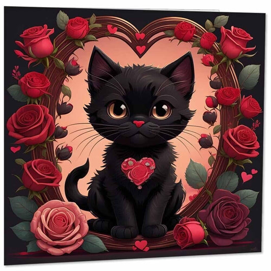 Cute Black Cat Roses Greeting Card Love Heart Cat Card 145mm x 145mm