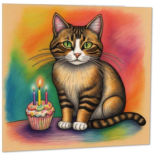 Cat Birthday Card - Cat Illustration Art Greeting Card 145mm x 145mm