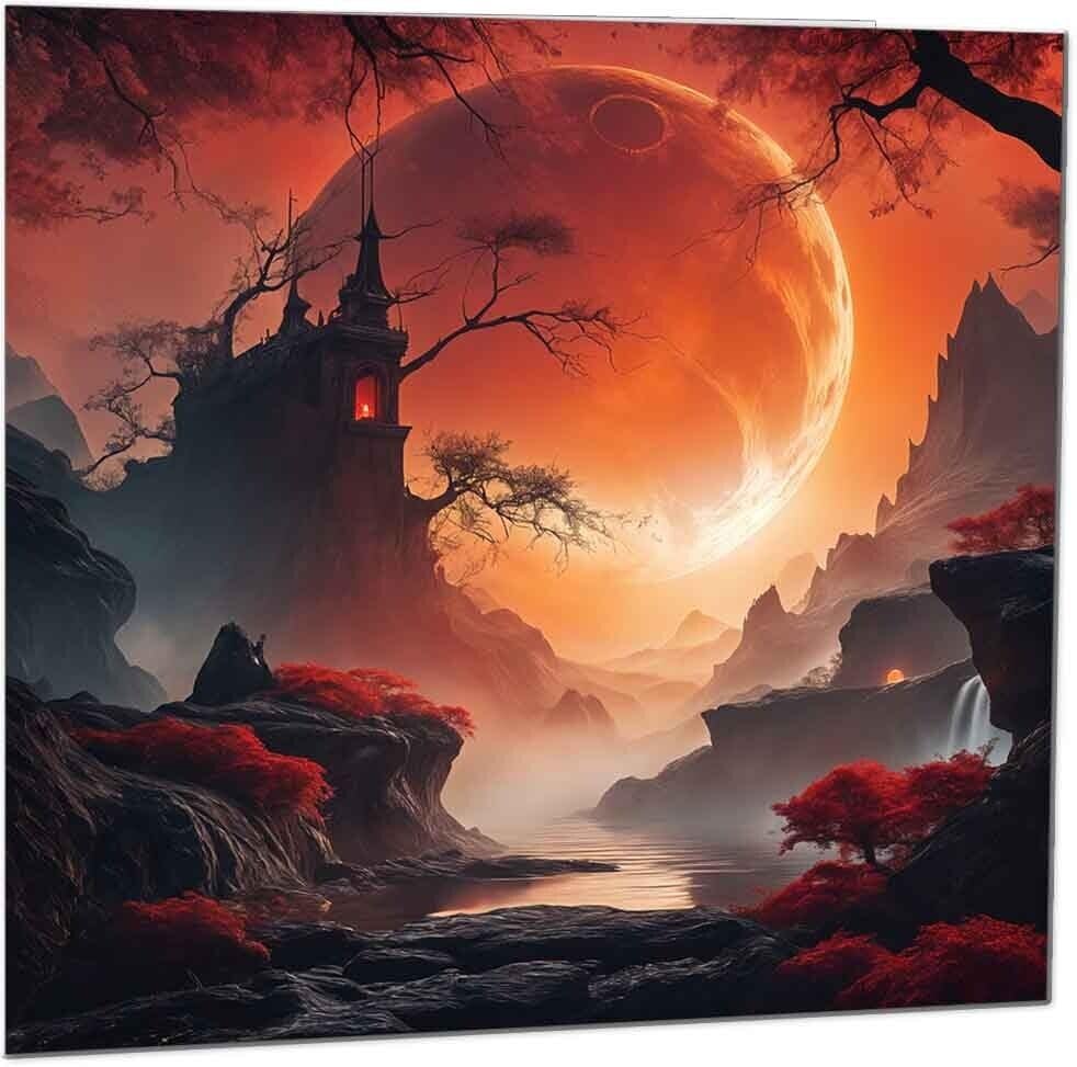 Red Moon Landscape Greeting Card, Beautiful Scenic Greeting Card 145 x 145mm