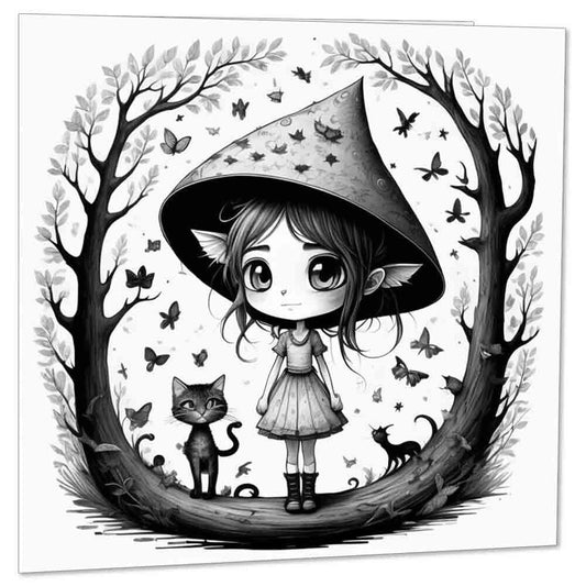 Cute Girl Toadstool Greeting Card - Woodland Fantasy Kawaii 145 x 145mm
