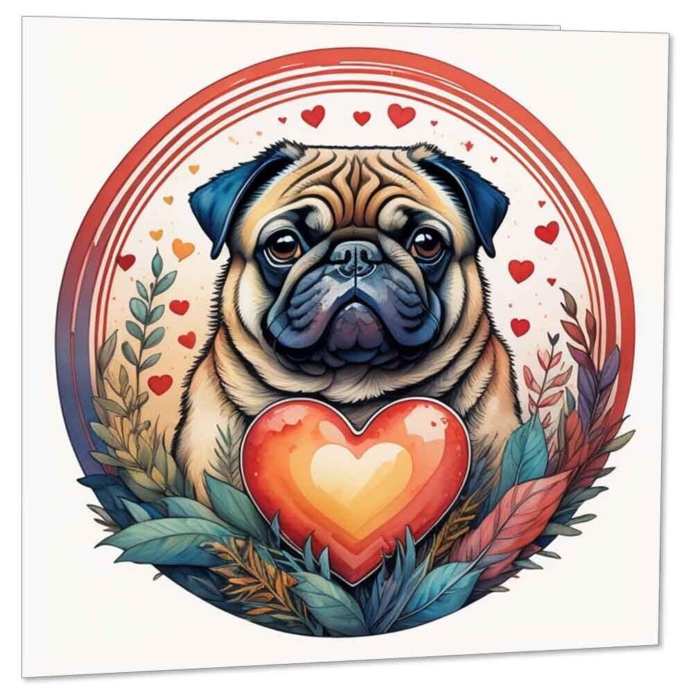 Pug Anniversary Card Cute Love Pug Valentines Day Cards 145mm x 145mm