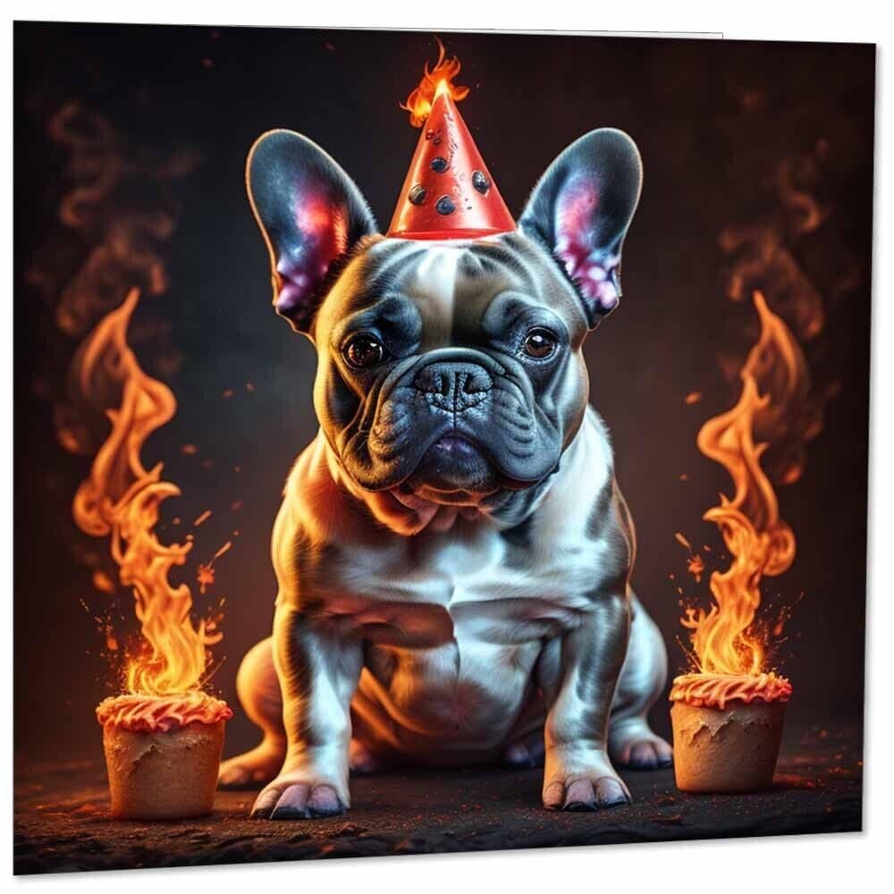 Funny French Bulldog Greeting Card Fire 145mm x 145mm
