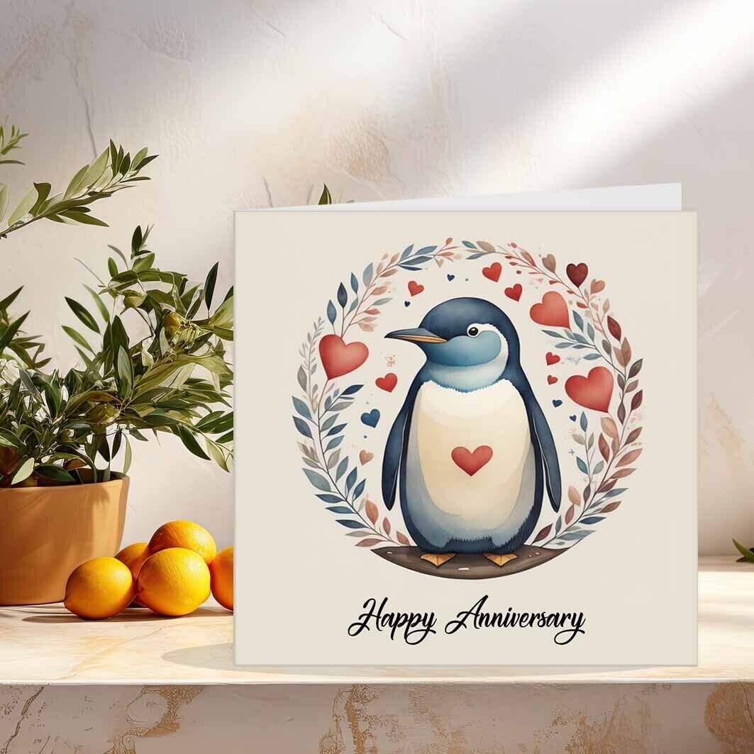 Penguin Anniversary Card - Happy Anniversary - For Husband Wife 145mm x 145mm