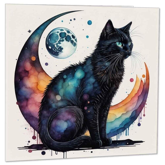Watercolour Black Cat Moon Greeting Card Birthday Card 145 x 145mm