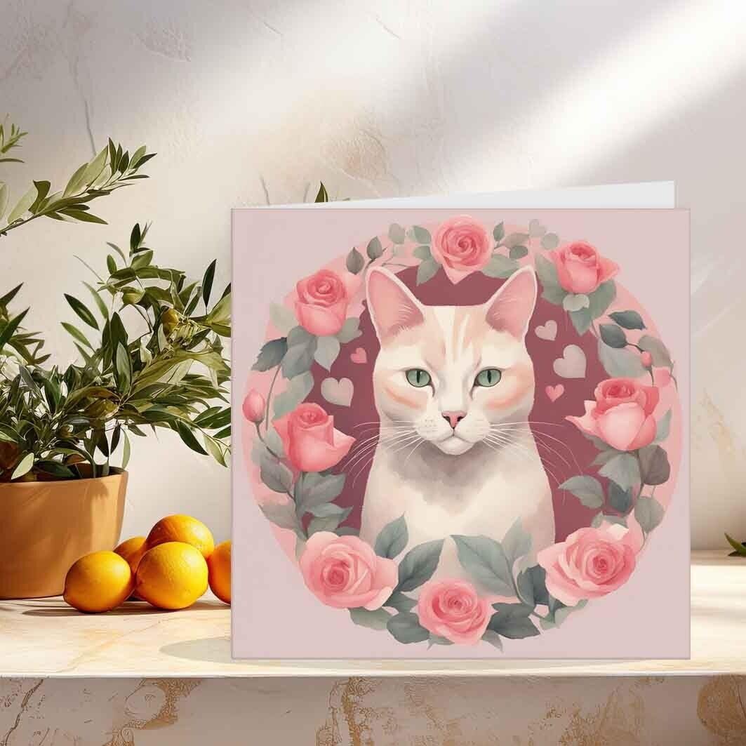 Cat Flowers Card Anniversary Roses Valentines Day Cards 145mm x 145mm