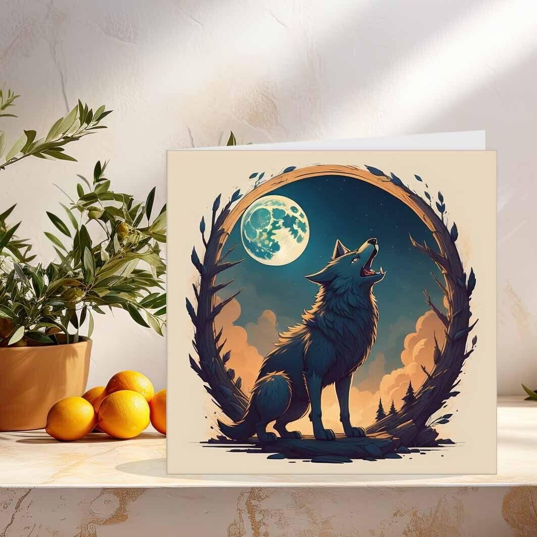 Wolf Howling Moon Greeting Card 145 x 145mm