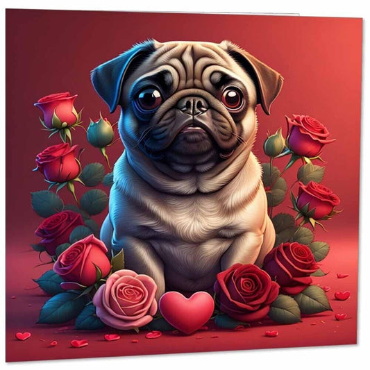 Pug Dog Love Heart Rose Greeting Card Valentines Cute 145mm x 145mm