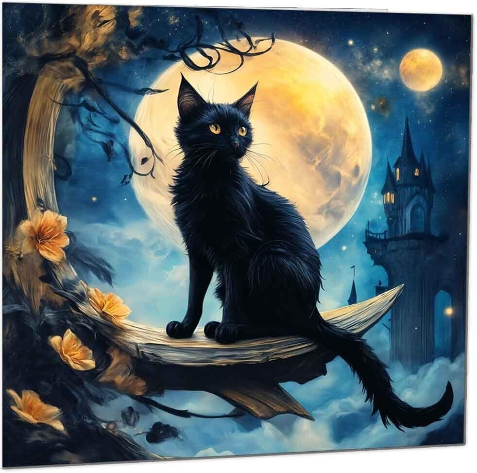 Cat Birthday Card - Beautiful Cat Moon Greetings Card Art Design 145 x 145mm