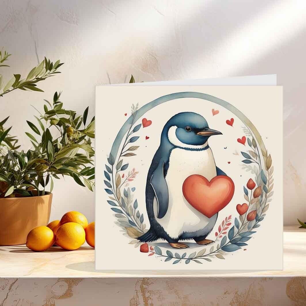 Penguin Heart Anniversary Card Valentines Love Cute Cards 145mm x 145mm