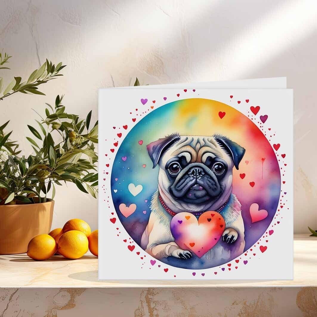 Pug Anniversary Card - Cute Adorable Pug Card Love Valentines Day 145mm x 145mm