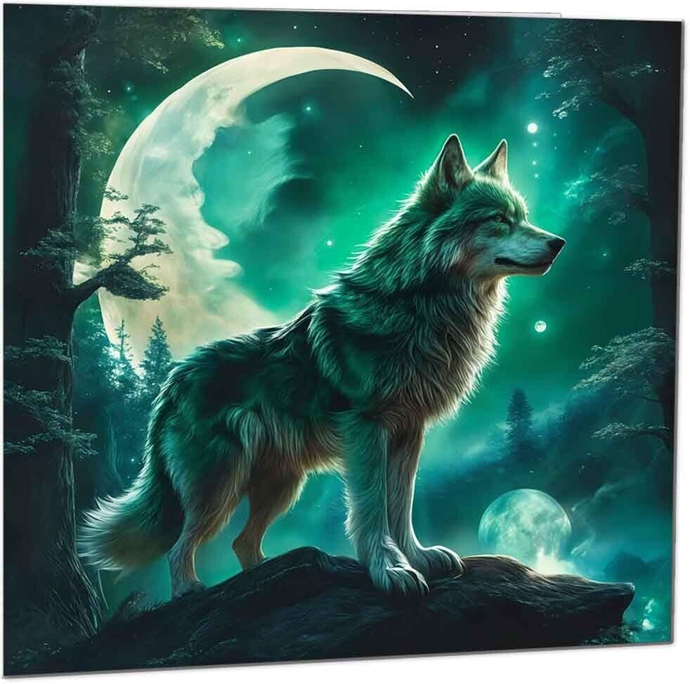 Green Wolf Moon Greeting Card - Wolf Moon Birthday Card - 145 x 145mm