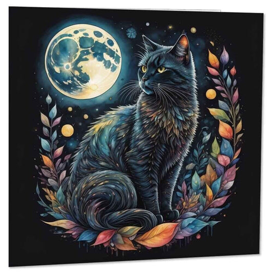 Black Cat Moon Greeting Card Beautiful Cat Art 145 x 145mm