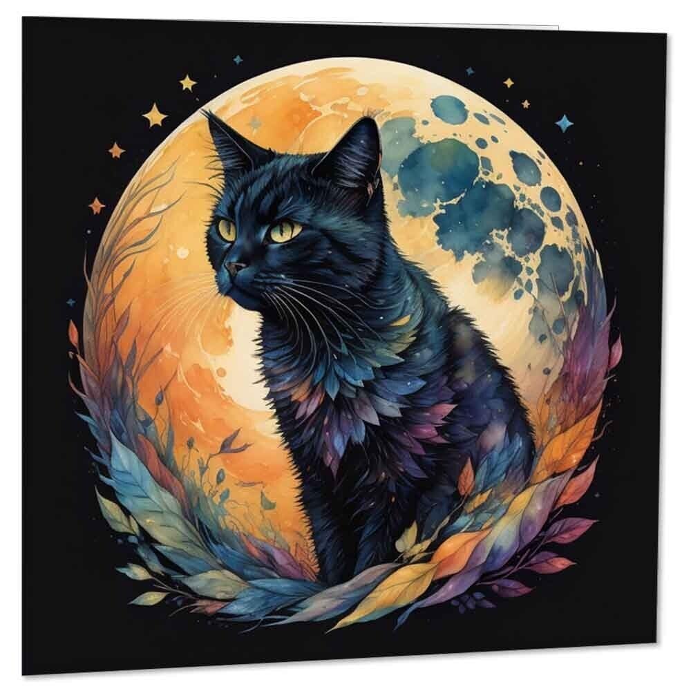 Watercolour Cat Greeting Card - Moon 145 x 145mm