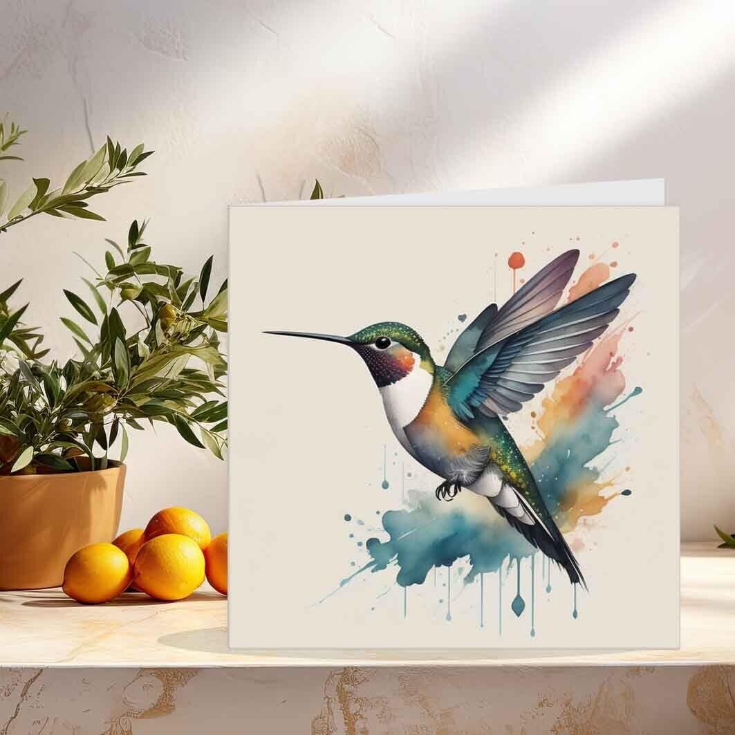 Hummingbird Watercolour Greeting Card 145 x 145mm