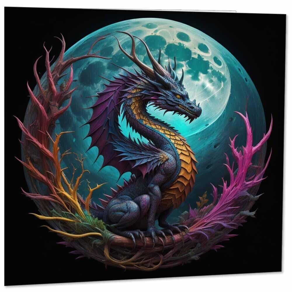 Dragon Greeting Card - Fantasy Dragon Moon Card 145mm x 145mm