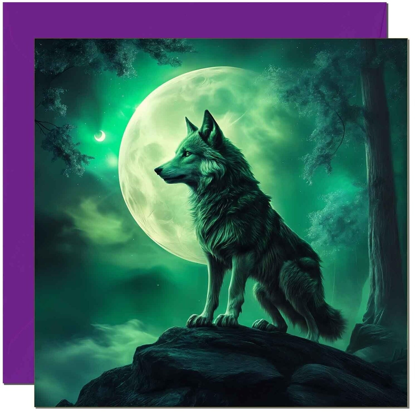 Green Wolf Birthday Card Moon Fantasy Birthday Card - Greeting Card 145 x 145mm