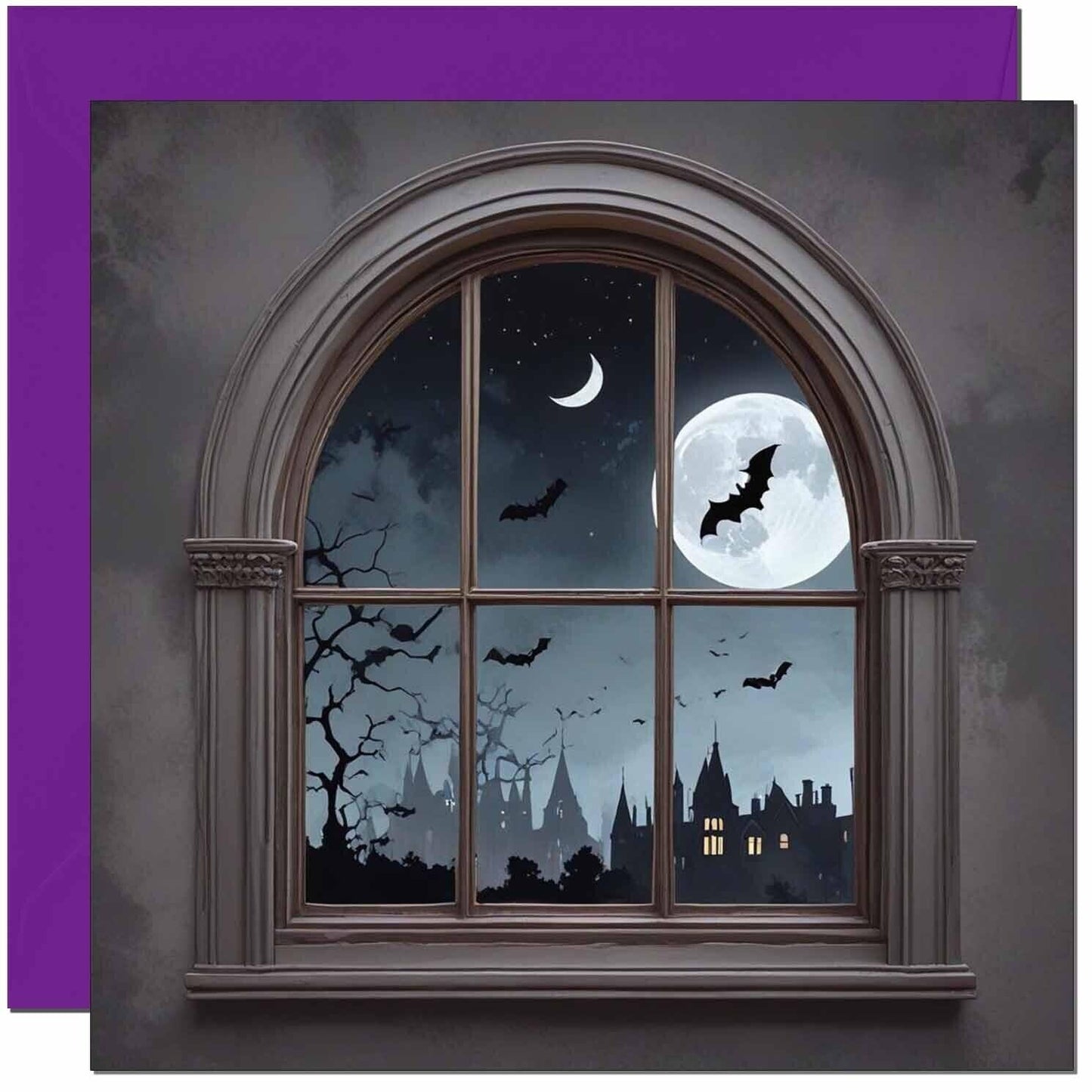 Halloween Card - Bats Moon Night Sky Window Gothic 145 x 145mm