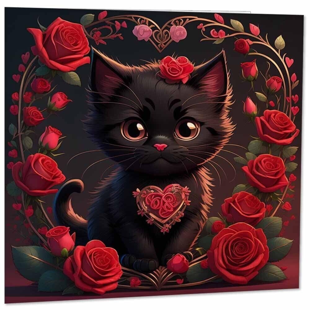 Cute Black Kitten Cat Valentines Day Card Love Anniversary Cat 145mm x 145mm