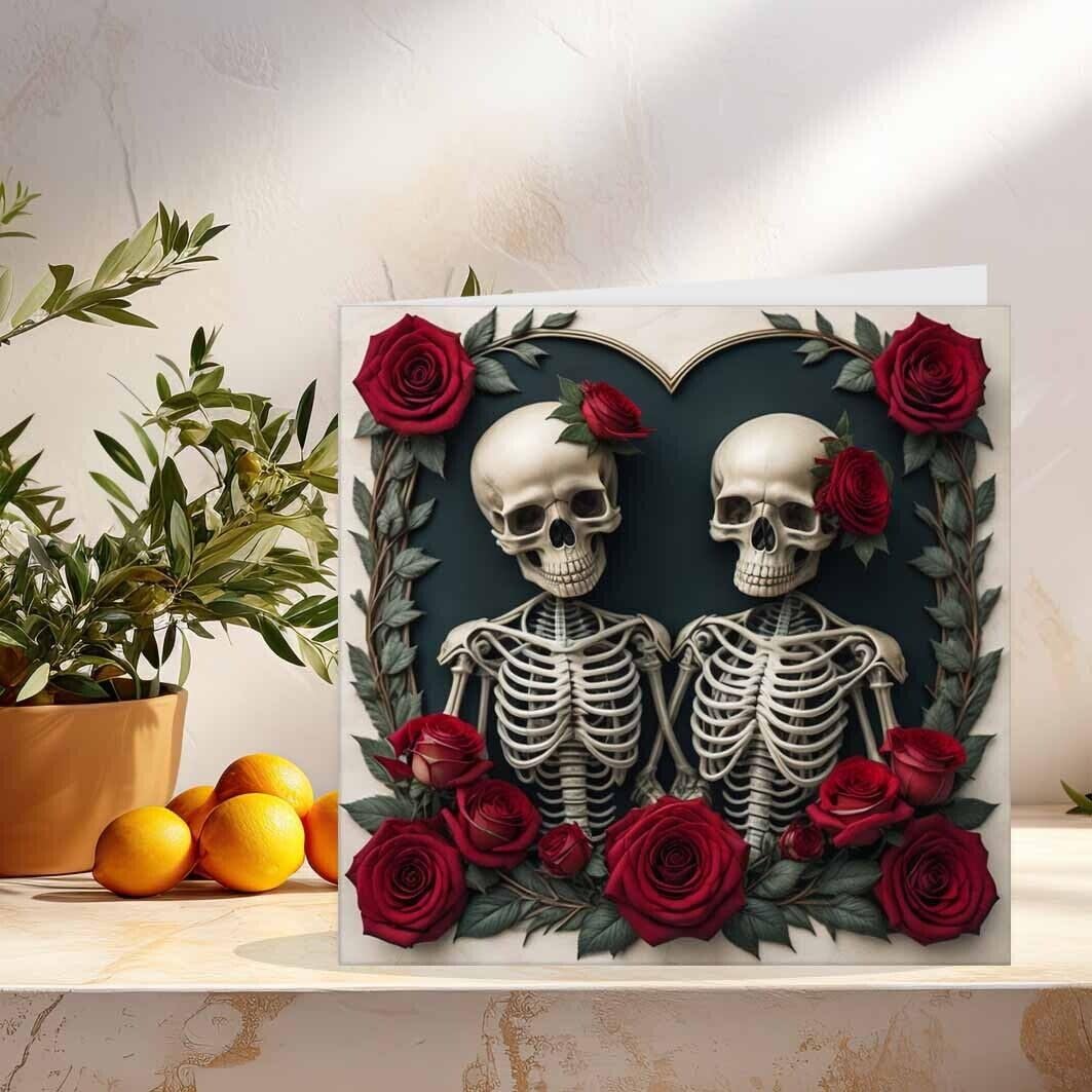 Gothic Anniversary Card - Skeleton Rose Couple - Skull Alternative 145 x 145mm