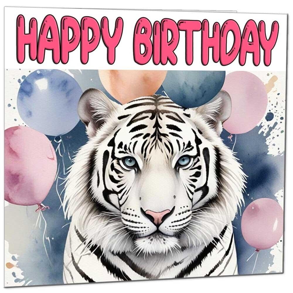 White Tiger Birthday Card - Fun Animal Birthday Card 145 x 145mm