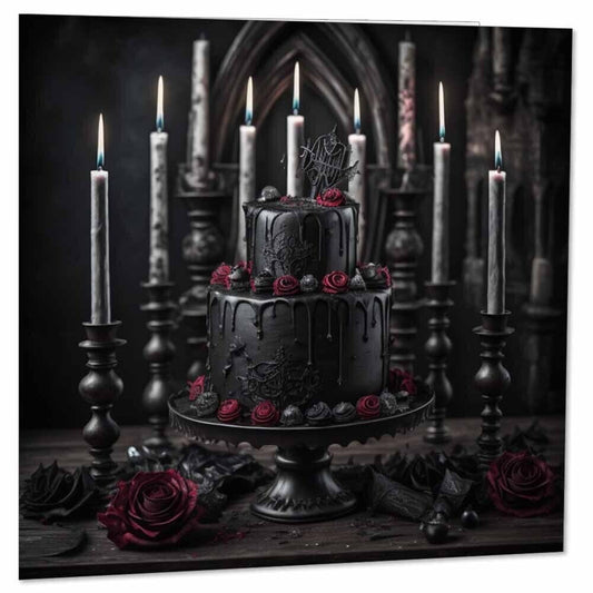 Black Gothic Wedding Cake Card, Gothic Birthday Cake Card 145 x 145mm