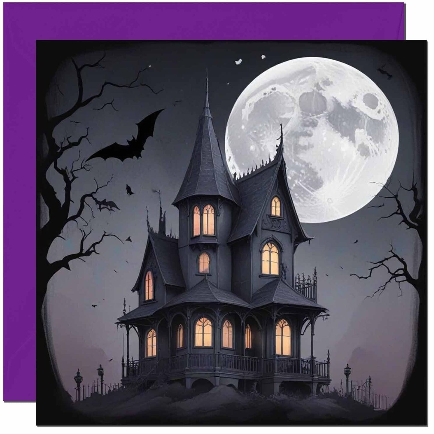 Haunted House Halloween Card Moon Spooky Gothic 145 x 145mm