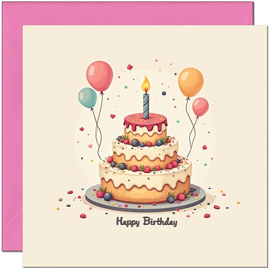 Happy Birthday Card Cake Design - With Pink Envelope - 145 x 145mm